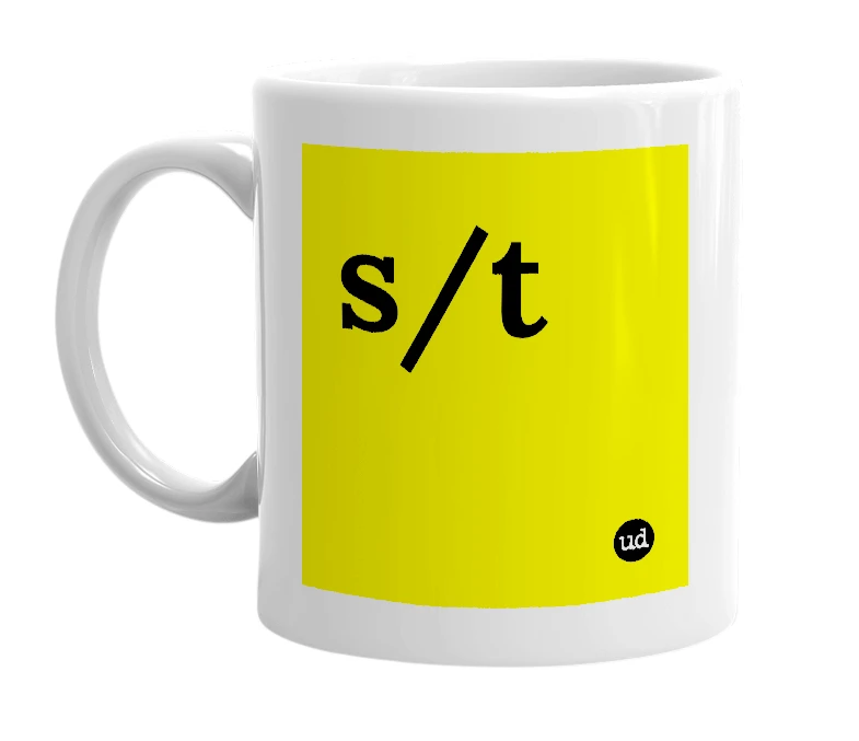 White mug with 's/t' in bold black letters