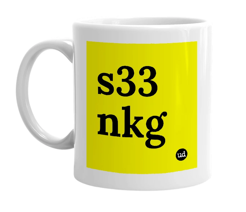 White mug with 's33 nkg' in bold black letters