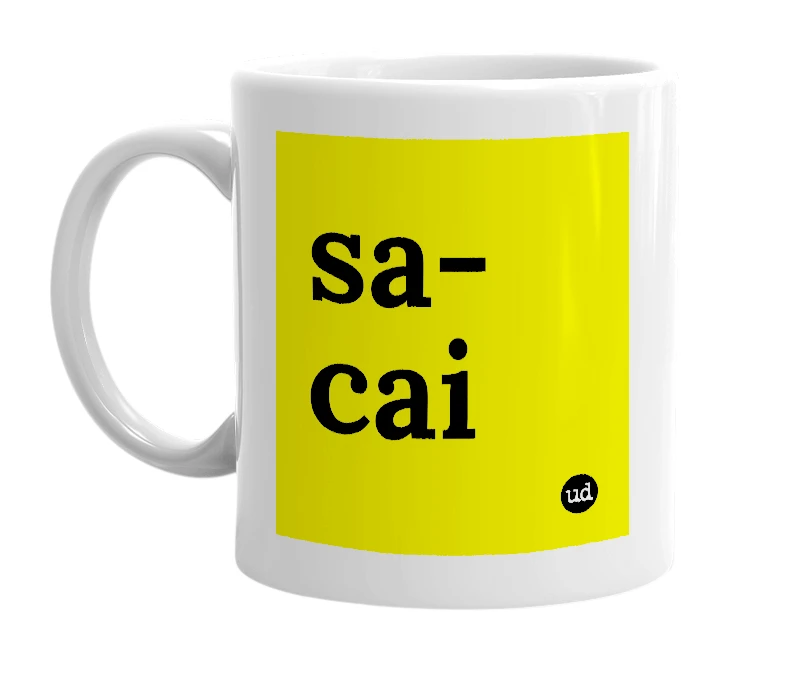 White mug with 'sa-cai' in bold black letters