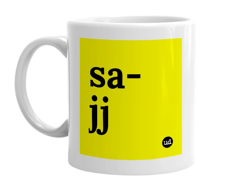 White mug with 'sa-jj' in bold black letters