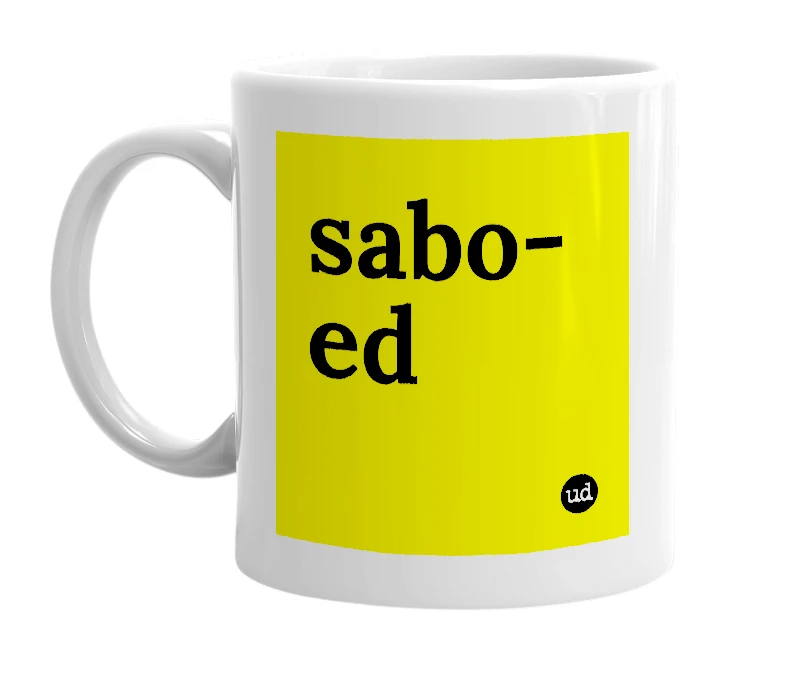 White mug with 'sabo-ed' in bold black letters