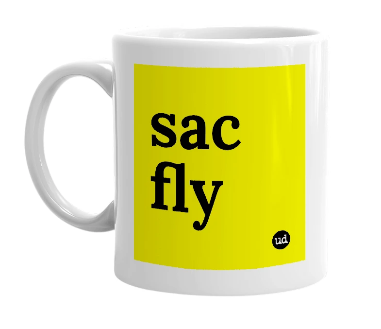 White mug with 'sac fly' in bold black letters