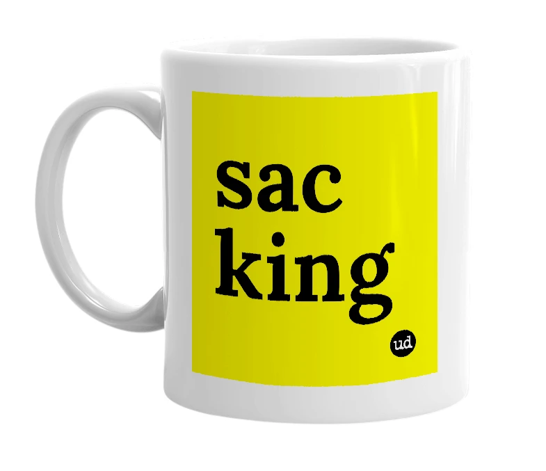 White mug with 'sac king' in bold black letters