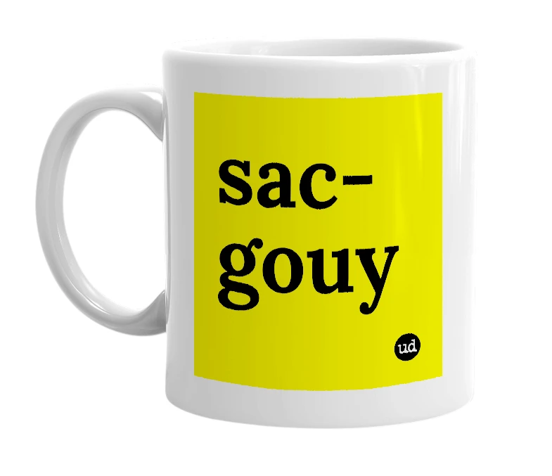 White mug with 'sac-gouy' in bold black letters
