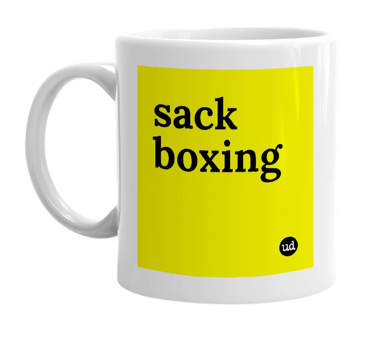 White mug with 'sack boxing' in bold black letters