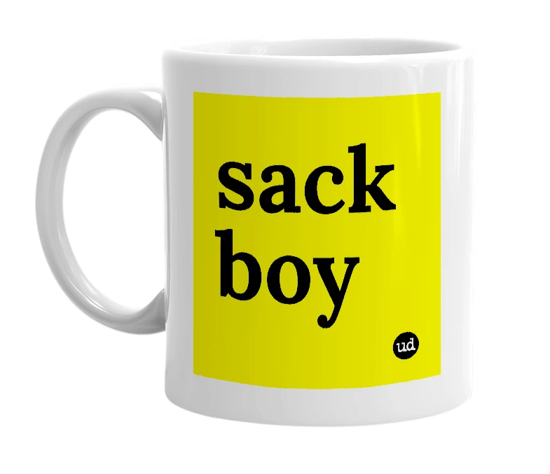 White mug with 'sack boy' in bold black letters