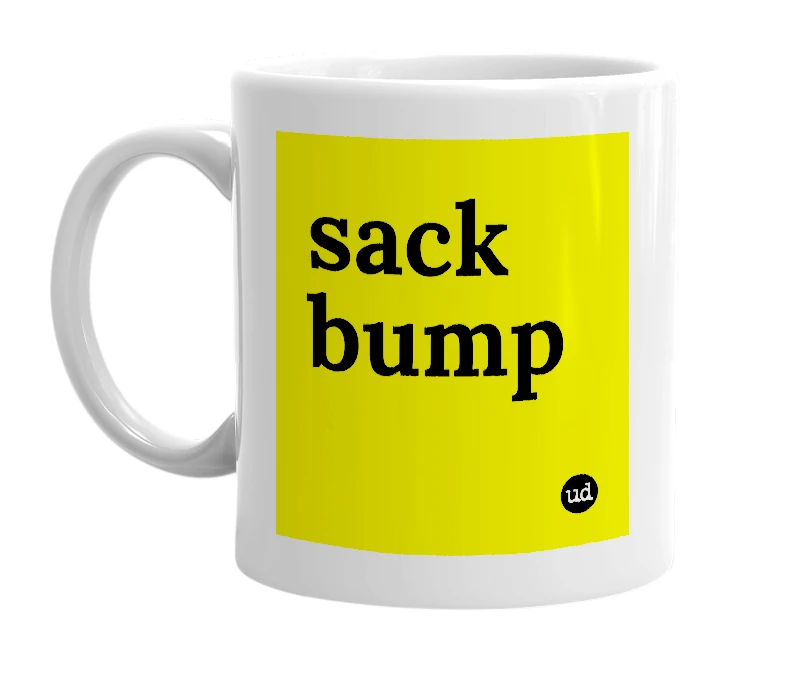 White mug with 'sack bump' in bold black letters