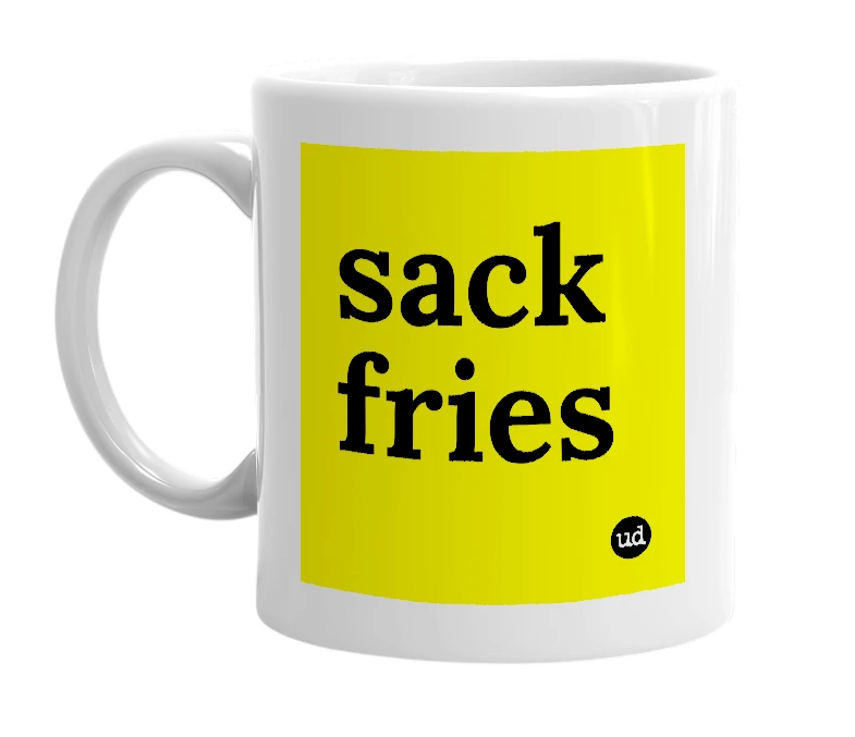 White mug with 'sack fries' in bold black letters