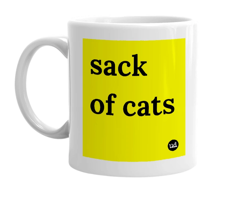 White mug with 'sack of cats' in bold black letters