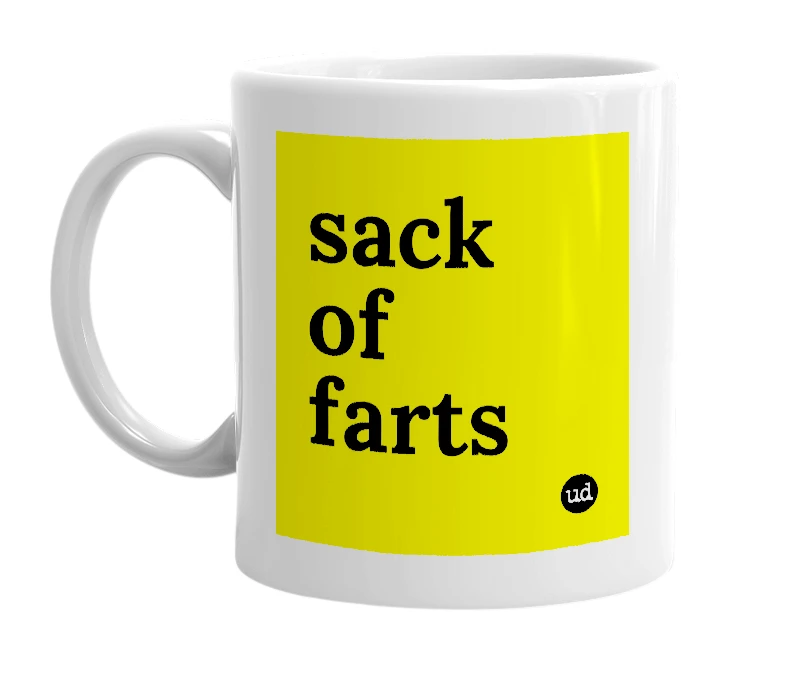 White mug with 'sack of farts' in bold black letters