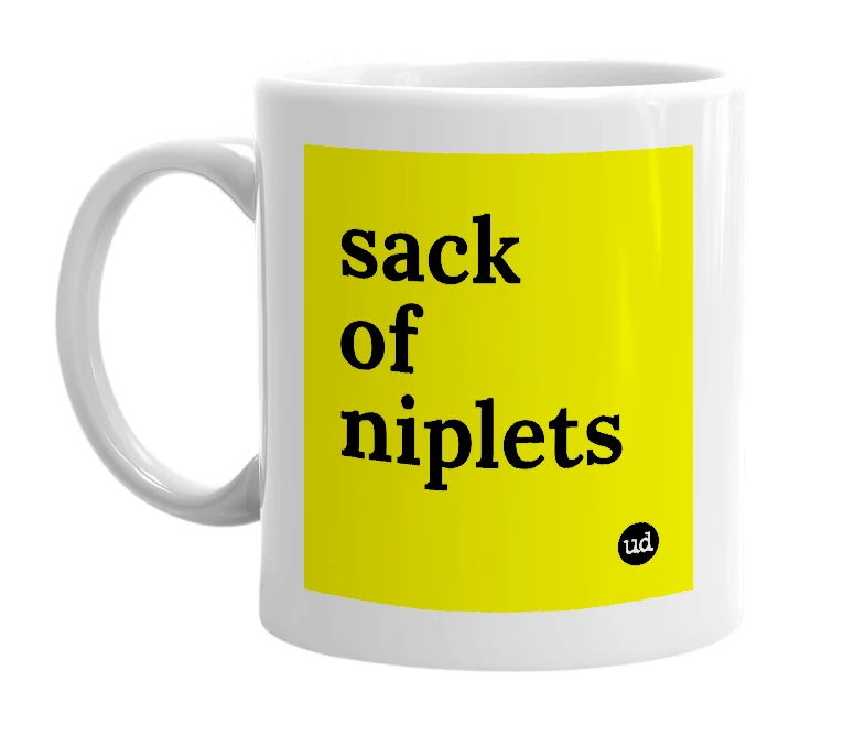 White mug with 'sack of niplets' in bold black letters