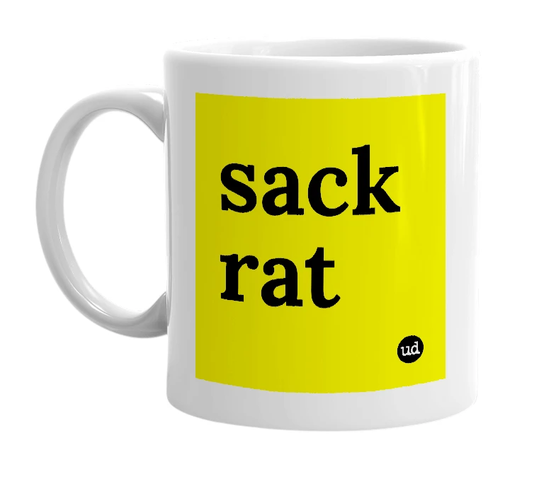White mug with 'sack rat' in bold black letters
