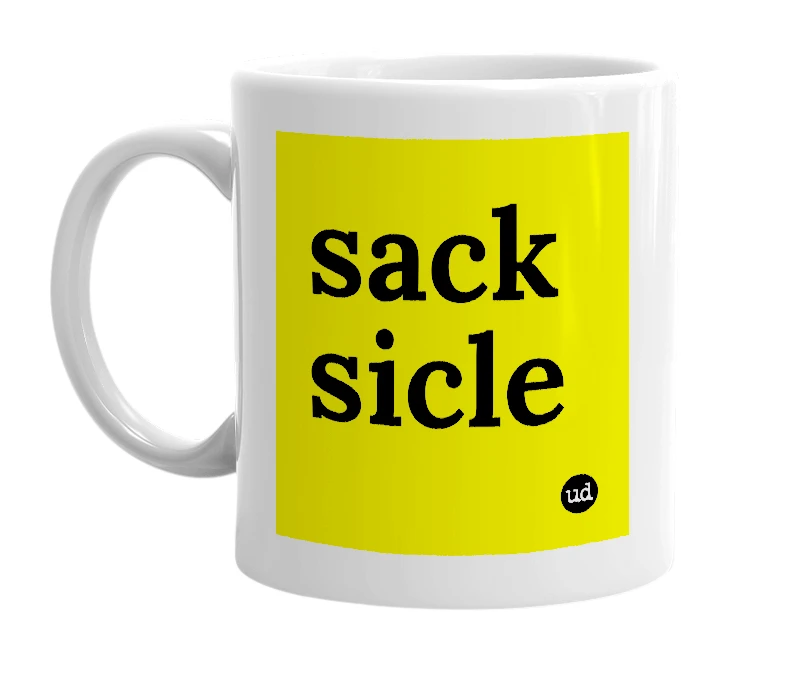 White mug with 'sack sicle' in bold black letters