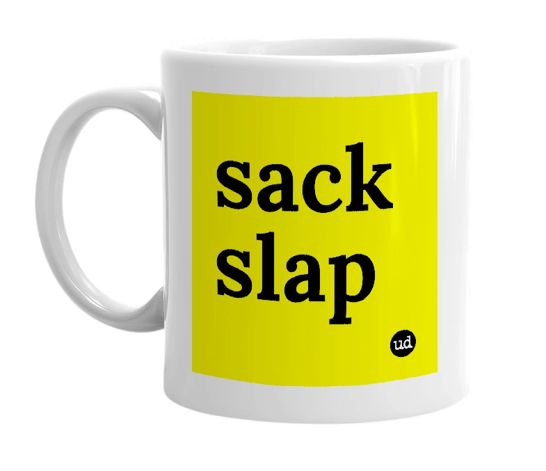 White mug with 'sack slap' in bold black letters