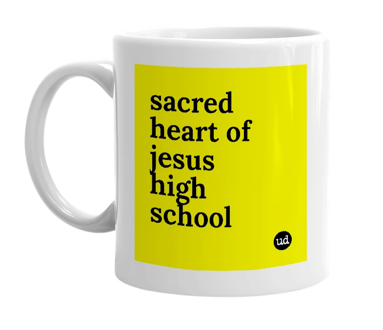 White mug with 'sacred heart of jesus high school' in bold black letters