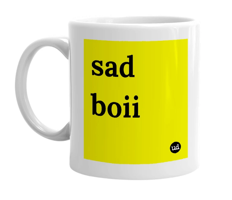 White mug with 'sad boii' in bold black letters