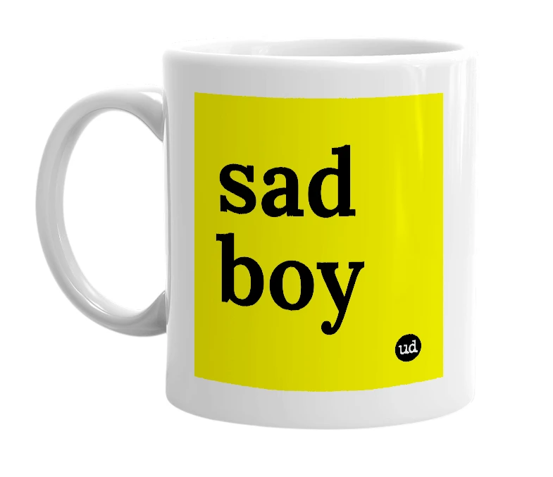 White mug with 'sad boy' in bold black letters