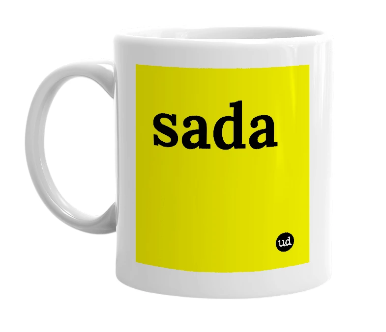 White mug with 'sada' in bold black letters