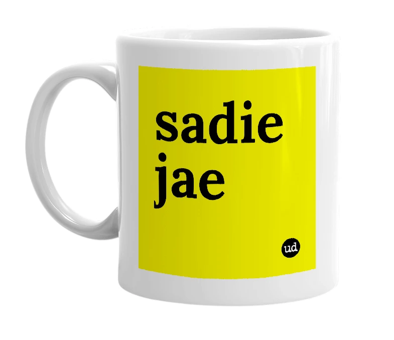 White mug with 'sadie jae' in bold black letters