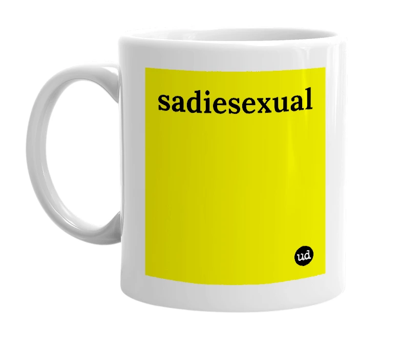 White mug with 'sadiesexual' in bold black letters