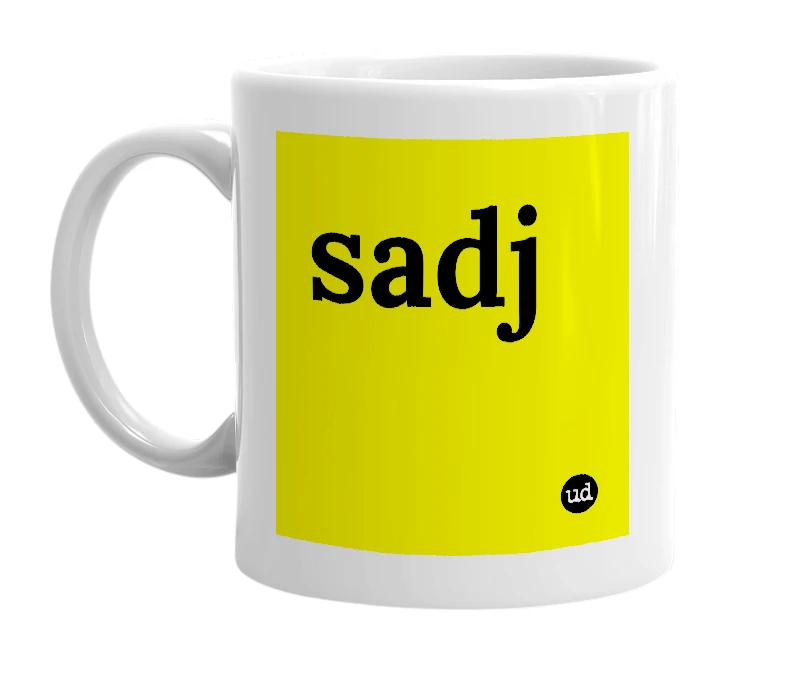 White mug with 'sadj' in bold black letters