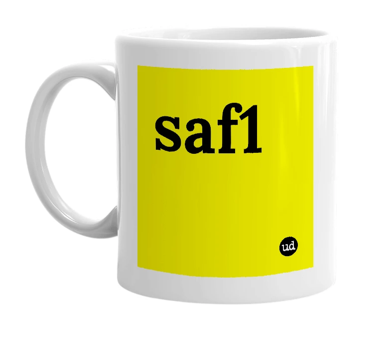 White mug with 'saf1' in bold black letters