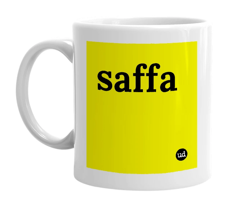 White mug with 'saffa' in bold black letters