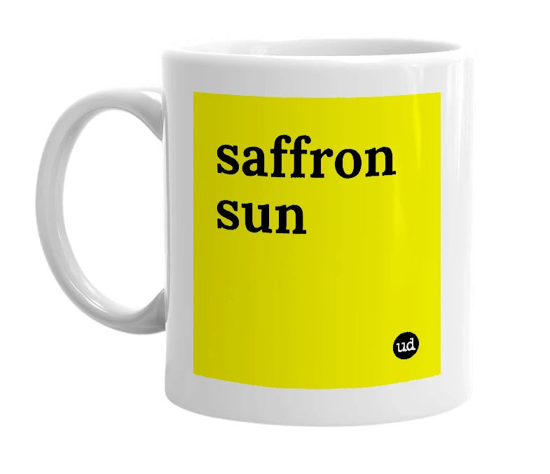 White mug with 'saffron sun' in bold black letters