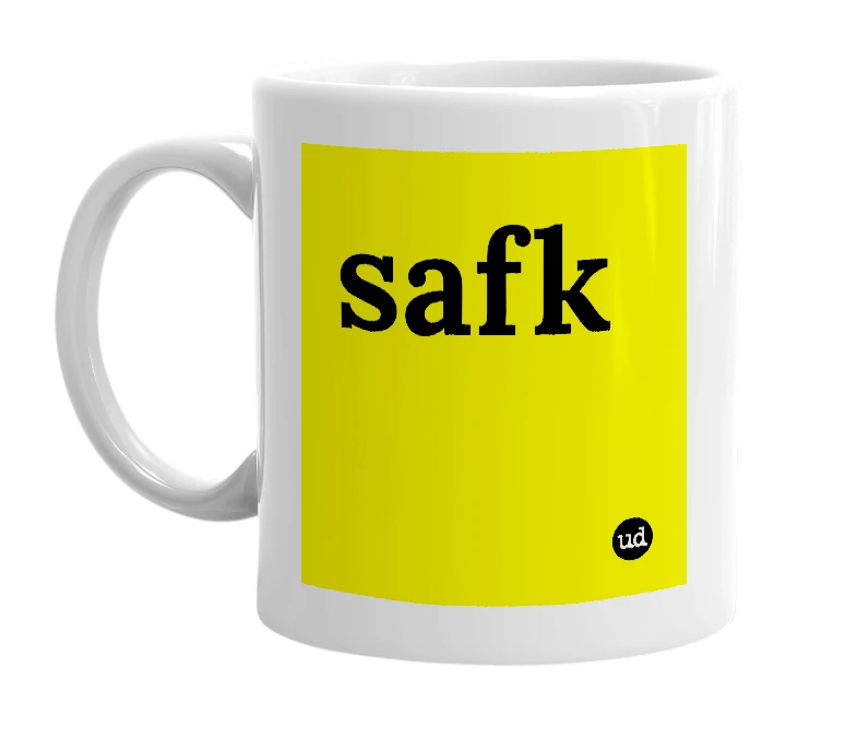 White mug with 'safk' in bold black letters