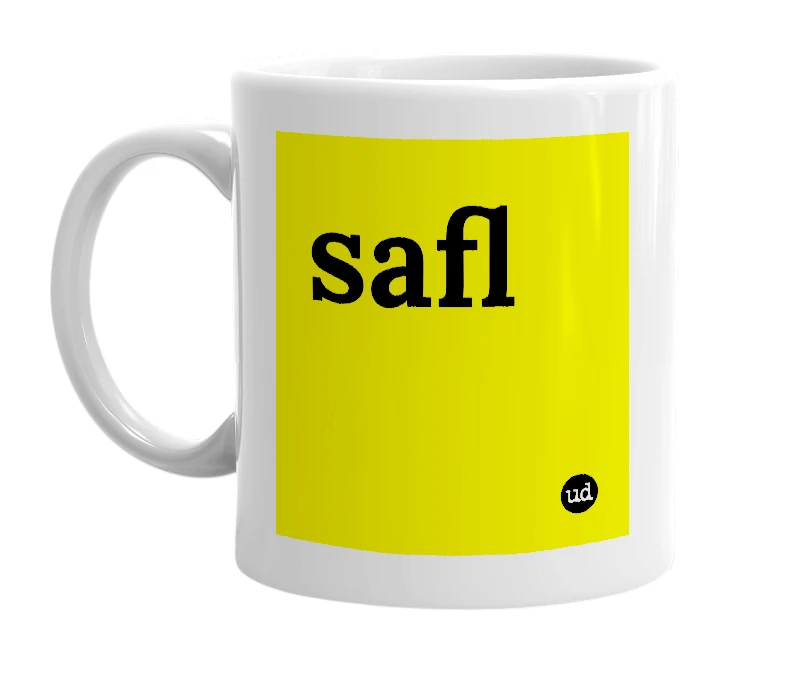 White mug with 'safl' in bold black letters