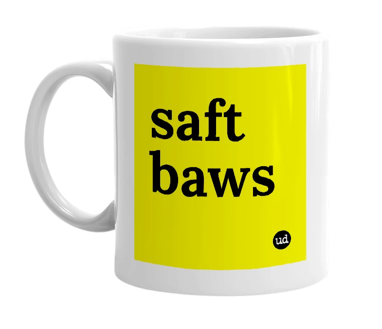 White mug with 'saft baws' in bold black letters