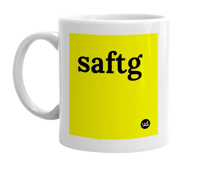 White mug with 'saftg' in bold black letters