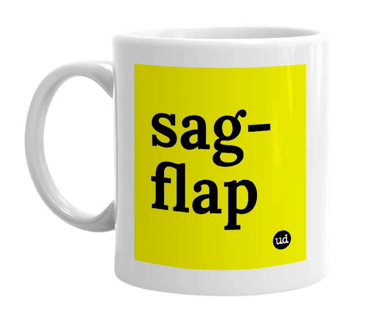 White mug with 'sag-flap' in bold black letters