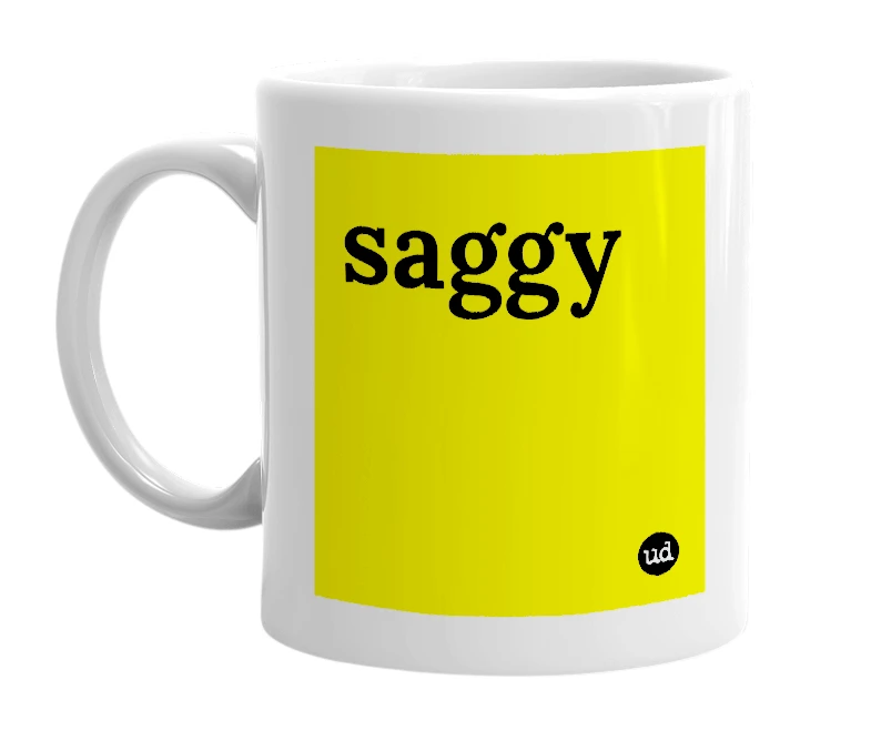 White mug with 'saggy' in bold black letters