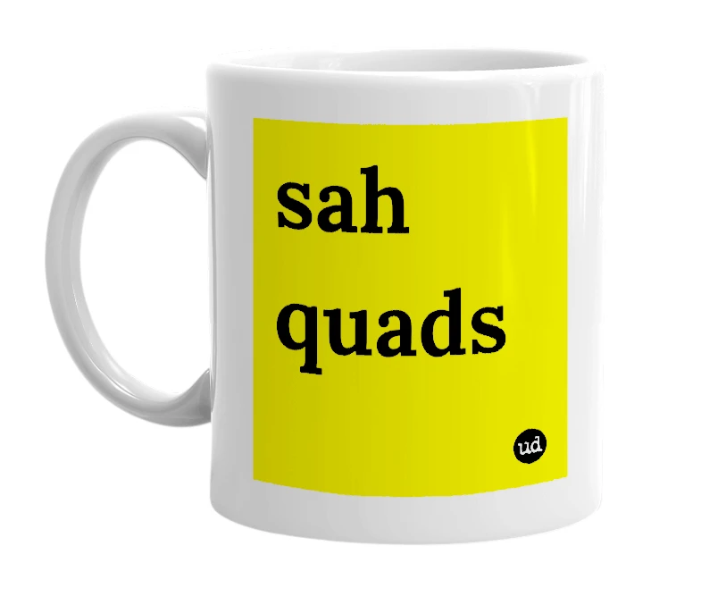 White mug with 'sah quads' in bold black letters