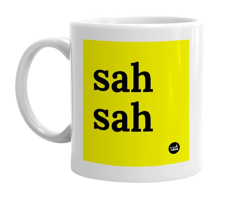 White mug with 'sah sah' in bold black letters