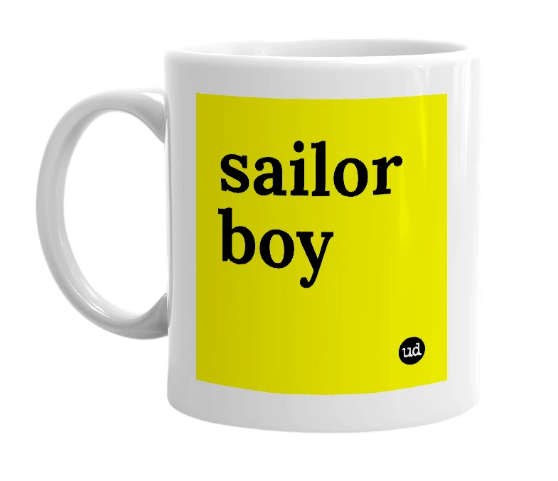 White mug with 'sailor boy' in bold black letters