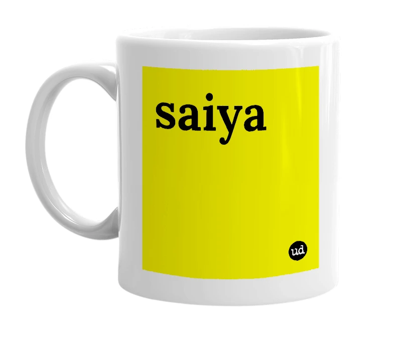 White mug with 'saiya' in bold black letters