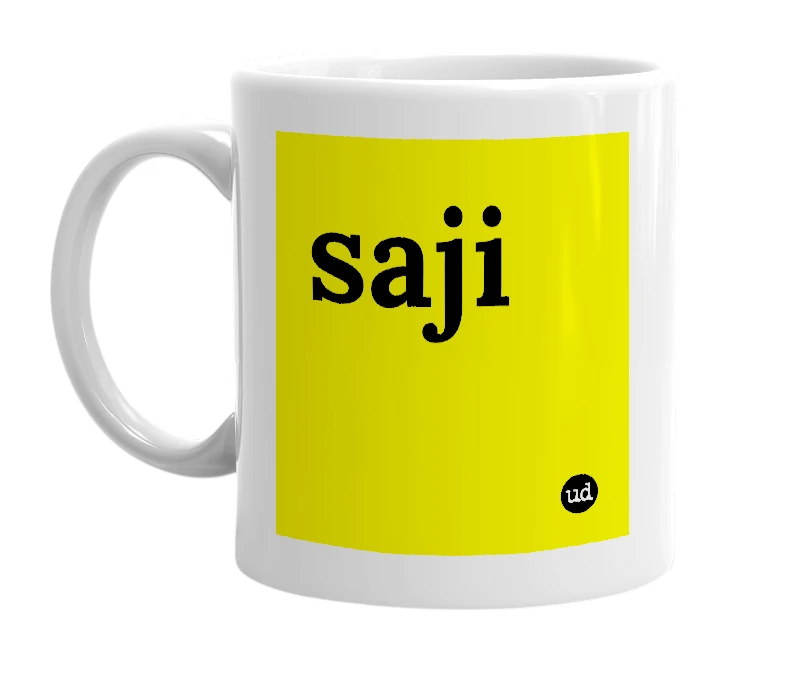 White mug with 'saji' in bold black letters
