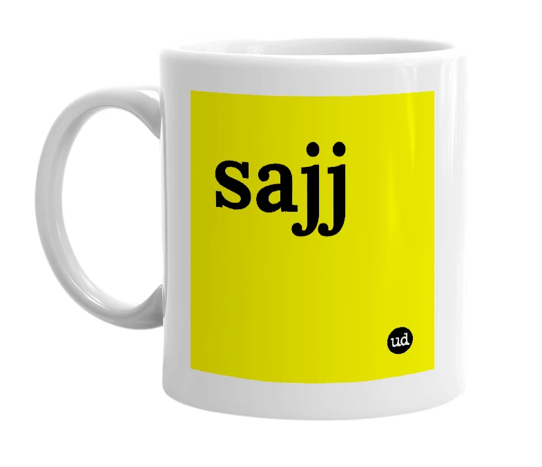 White mug with 'sajj' in bold black letters