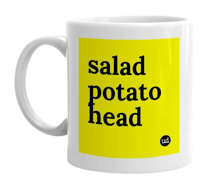 White mug with 'salad potato head' in bold black letters