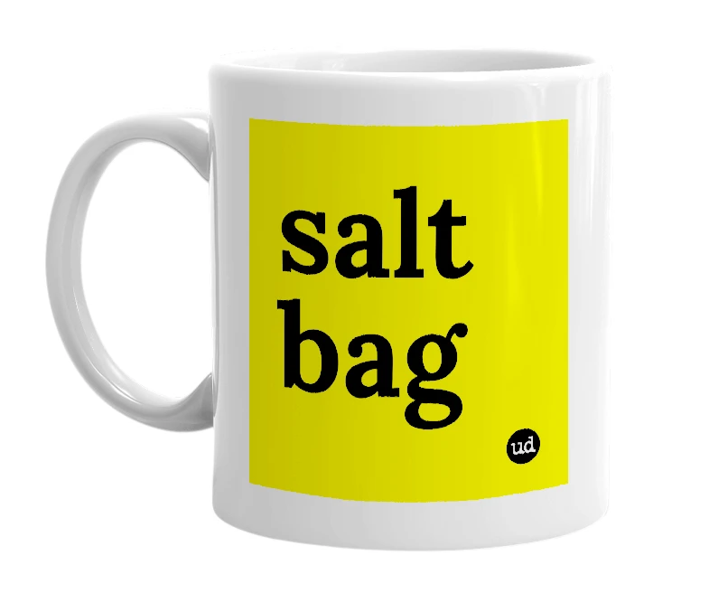 White mug with 'salt bag' in bold black letters