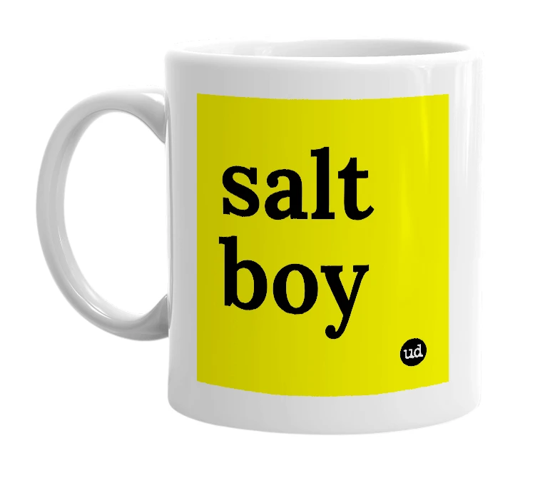 White mug with 'salt boy' in bold black letters