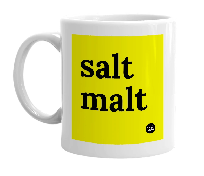 White mug with 'salt malt' in bold black letters