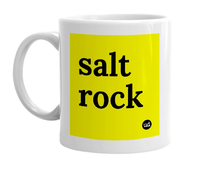 White mug with 'salt rock' in bold black letters