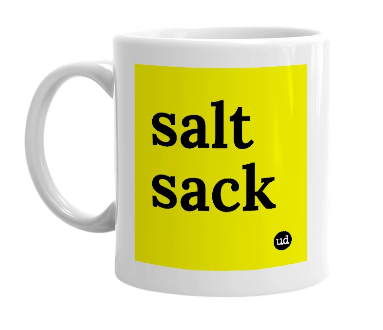 White mug with 'salt sack' in bold black letters