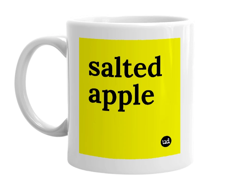 White mug with 'salted apple' in bold black letters