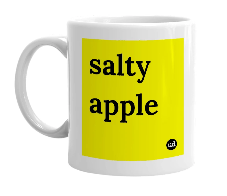 White mug with 'salty apple' in bold black letters