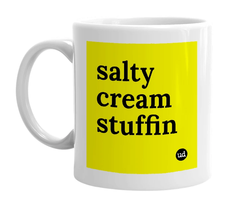 White mug with 'salty cream stuffin' in bold black letters