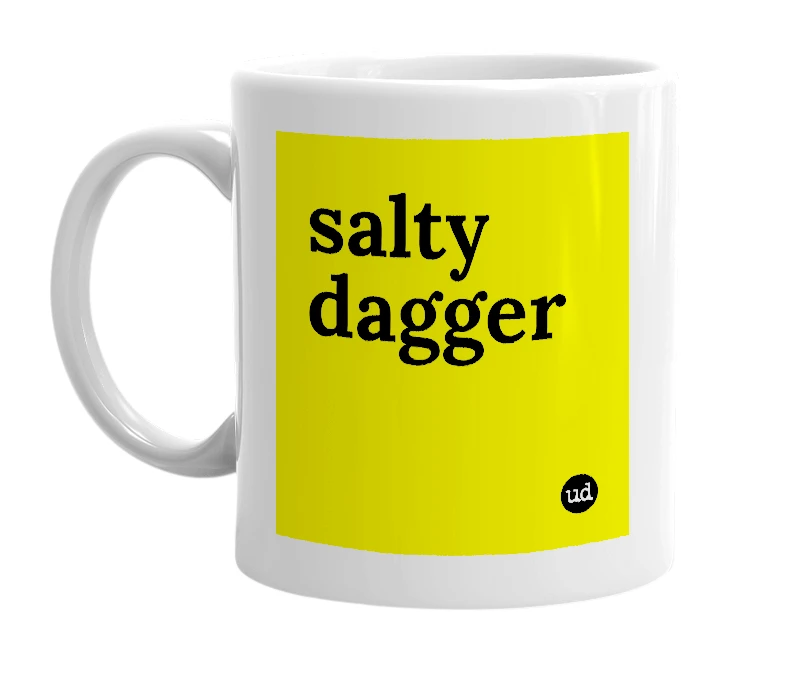 White mug with 'salty dagger' in bold black letters